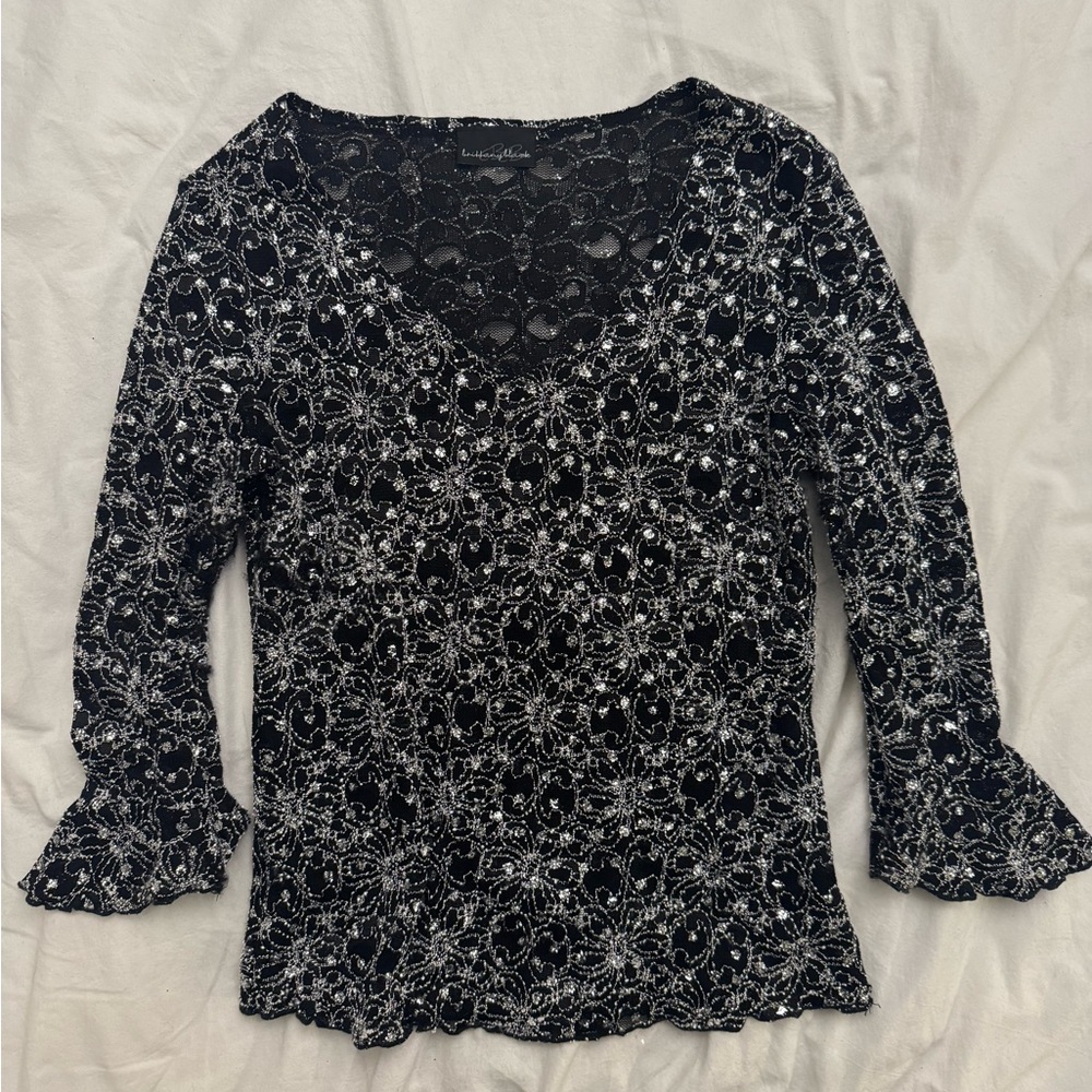Y2k early 2000s 90s gothic top blouse with black lace metallic silver thread
